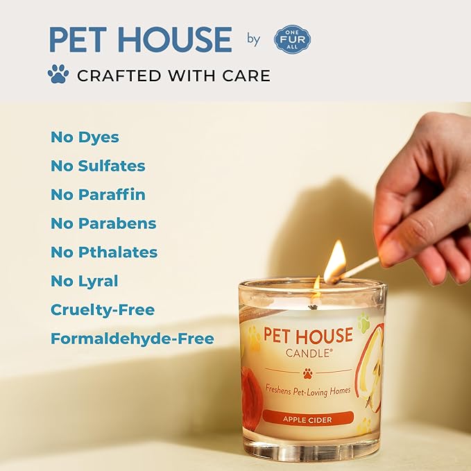 One Fur All Pet House Candle 2 Pack - Plant-Based/Soy - Clean Burning Scented, Long Lasting Pet Odor Candle for Home - Sunwashed Cotton