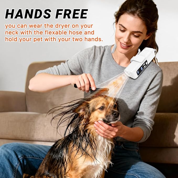 Pet Hair Dryer, Dog Dryer 1000W Powerful Blower with Hanging Neck Strap & Stand, 3 Heat/Speed, Brushless Motor for Fast Drying, Negative Ion, Ultra Lightweight for Home & Travel Grooming