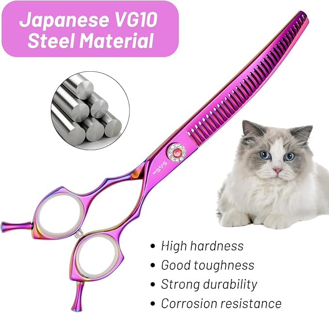 7.5inch 25 Degree Curved Scissors for Dog Grooming Chunkers, VG10 Steel Sharp Blades, Professional Dog Grooming Scissors Blender, 35 Teeth High-end Pet Thinning Shears, 65% Thinning Rate