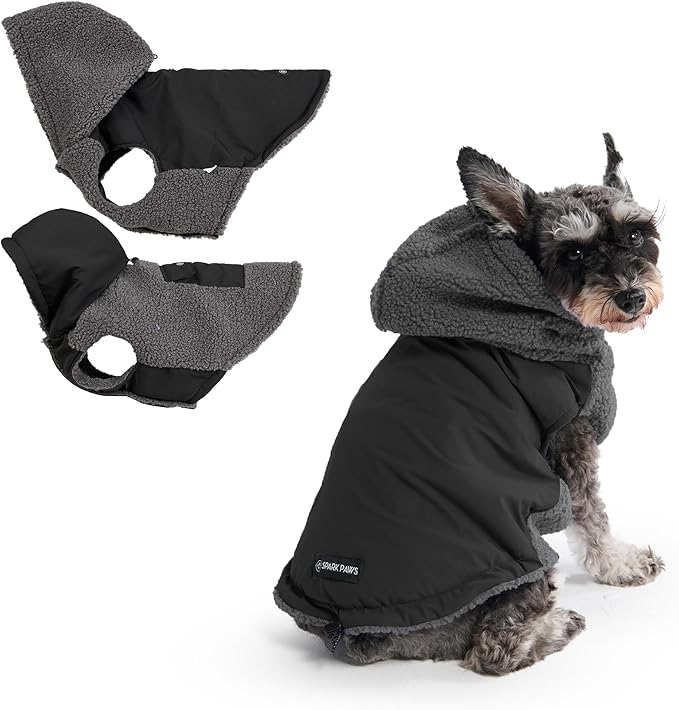Spark Paws Reversible Fleece Dog Jacket, Hooded Sweater Vest, Warm Coat for Winter - Suitable for Small Medium Large XL XXL Dogs - Black and Grey - M