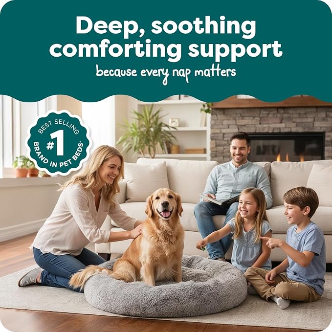 FurHaven 45" Calming Donut Dog Bed for Large Dogs, Round Plush Donut with Soft Filling for Snuggling Comfort, Removable Washable Cover, Jumbo/XL, Shaggy Faux Fur, Mist Gray