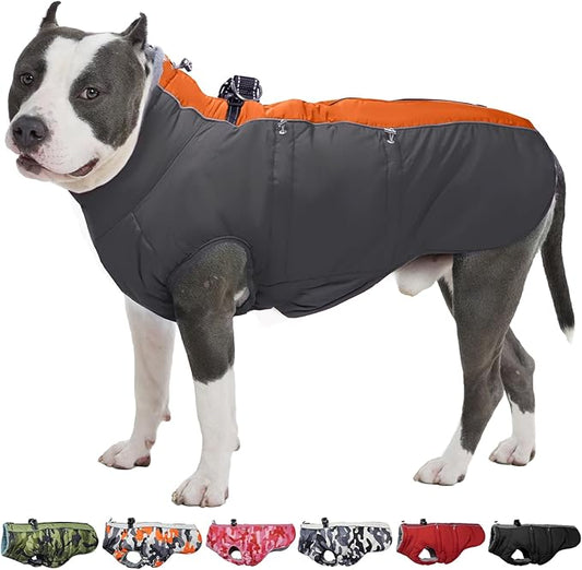 Dog Winter Jacket - Large, Warm Zip Up Snowsuit Dog Harness Vest, Reflective, Water-Resistant, Orange-Gray
