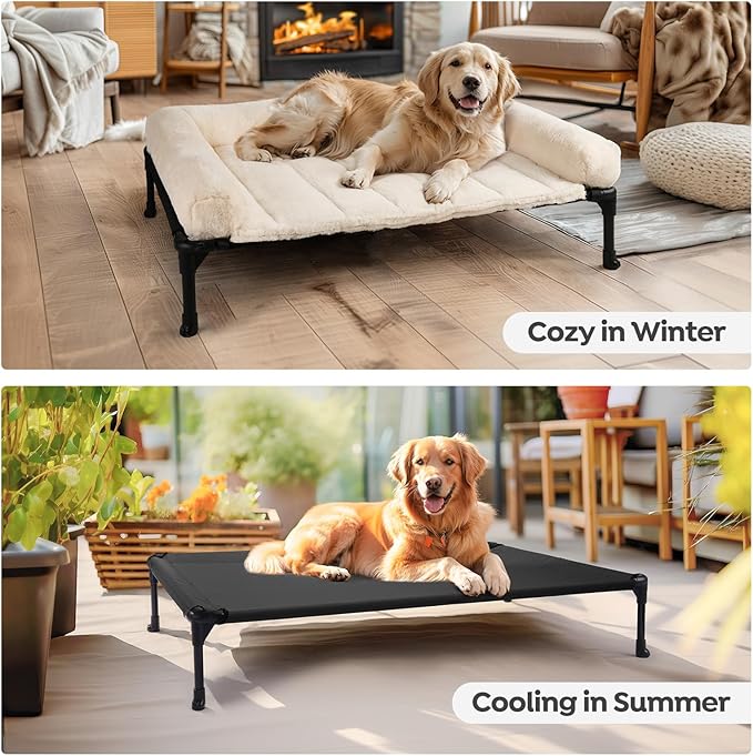 Veehoo Cooling Elevated Dog Bed with Fluffy Plush Bolster Cushion, Indoor Raised Dog Beds for Large Dogs, Soft Pet Sofa Cot with Removable Washable Mat, No-Slip Feet, 42 x 30 inches, Cream White