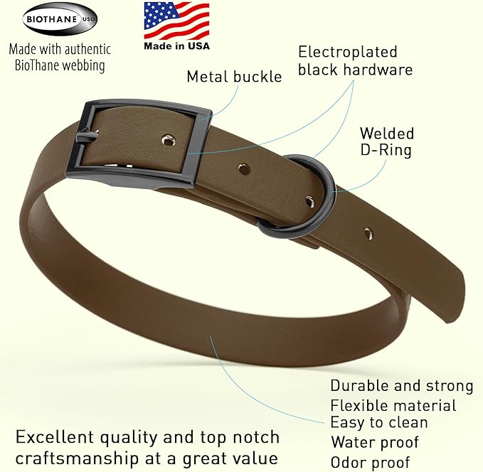 Dogline Biothane Coated Webbing Dog Collar w/Black Metal Hardware: Durable Easy-Clean Everyday Collar for Dogs - Comfortable Adjustable Odor-Resistant for Pets, W5/8" x L12-15, Dark Chocolate Brown