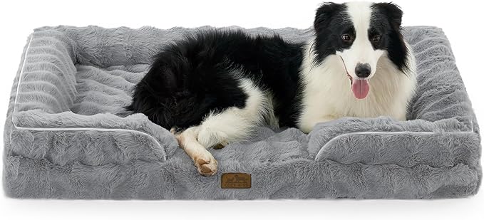 Orthopedic Dog Bed for Large Size Dog, Faux Fur Extra Large Pet Sofa, Foam Bolster Couch with Waterproof Lining Cover, Anti-Slip, Soft, Warm, Washable, C-Shaped, XL 44x32x7 inch, Grey