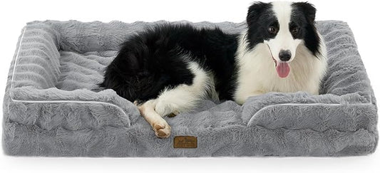 Orthopedic Dog Bed for Large Size Dog, Faux Fur Extra Large Pet Sofa, Foam Bolster Couch with Waterproof Lining Cover, Anti-Slip, Soft, Warm, Washable, C-Shaped, XL 44x32x7 inch, Grey