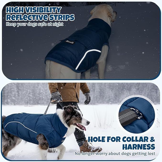 SlowTon Dog Coat - Warm Dog Winter Coat Waterproof, Reflective Winter Jacket with Pocket, Puppy Fleece Vest Pet Apparel Cold Weather Clothes for Small Medium Large Dogs Boy Girl (Navy, XL)