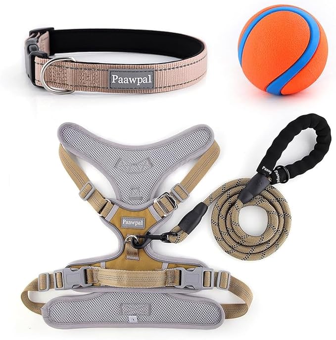 Adjustable Dog Harness - No Pull, Reflective, Soft Padded for Small, Medium, Large Dogs - Includes Leash and Collar Beige L
