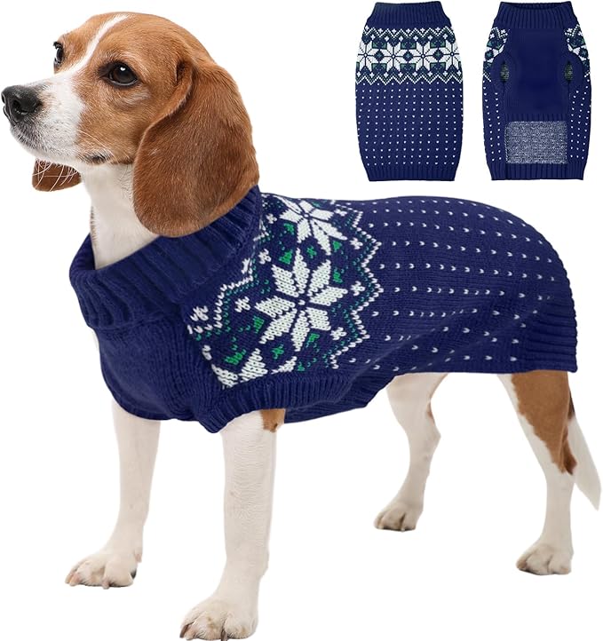 Kuoser Dog Christmas Sweater, Soft Warm Xmas Sweaters for Small Medium Large Dogs Boy Girl, Comfortable Dog Sweater with Leash Hole Snowflake Puppy Knit Outfit for Holiday Winter Fall, Blue M