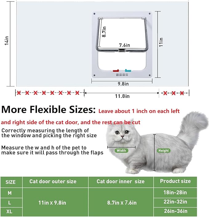 Cat Door for Window, Safety Cat Window with 4 Locking Modes, Fits 12" - 36" Window, Pet Friendly Window Cat Door Insert, Ease of Installation, Magnetic Closure, Weatherproof Design, Frosted Plexiglass