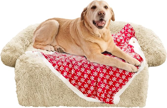GGIB Calming Dog Bed Christmas Throw Blanket Fluffy Plush Dog Mat Furniture Protector Decoration Holiday Throw for Sofa Couch Cover Large Medium Small Dogs Cats (Extra Large, Beige)