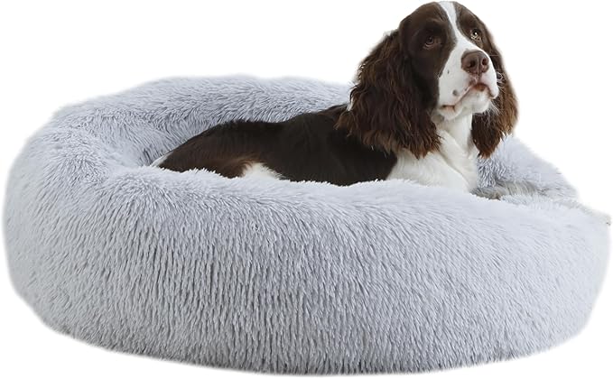Calming Dog Bed 30'' inch, Plush Anti-Anxiety Donut Dog Bed for Medium Large Dogs, Warming Cozy Round Cuddler Nest Pet Bed, Grey
