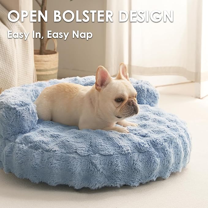 EHEYCIGA Medium Dog Bed and Large Cat Couch – Fluffy Faux Rabbit Fur Pet Sofa for Small and Medium Dogs, Washable Removable Cover, Waterproof and Non-Slip, 30 Inch, Baby Blue