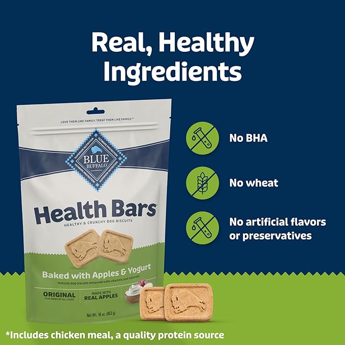 Blue Buffalo Mini Health Bars Crunchy Dog Biscuits, Oven-Baked with Natural Ingredients, Apples & Yogurt, 2-lb Box