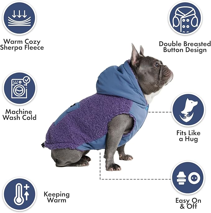 Spark Paws Reversible Fleece Dog Jacket, Hooded Sweater Vest, Warm Coat for Winter - Suitable for Small Medium Large XL XXL Dogs - Purple and Navy Blue - L