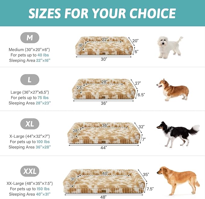 Cute Dog Bed for Large Dogs, Faux Fur Orthopedic Foam Dog Bed with Sides, Removable Washable Cover & Waterproof Lining, Comfortable Pet Couch, Tie-Dye Brown (44" L x 32" W x 7" Th)