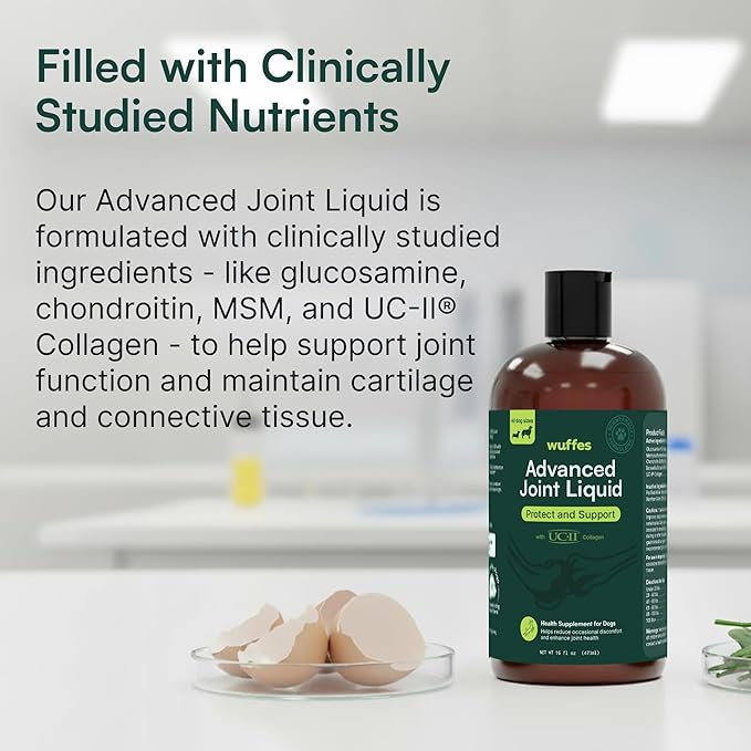 Wuffes Advanced Joint Liquid for Dogs, Hip & Joint Support Supplement with Glucosamine, Chondroitin, UC-II® Collagen, and MSM, for Small & Large Breeds, 16 Oz