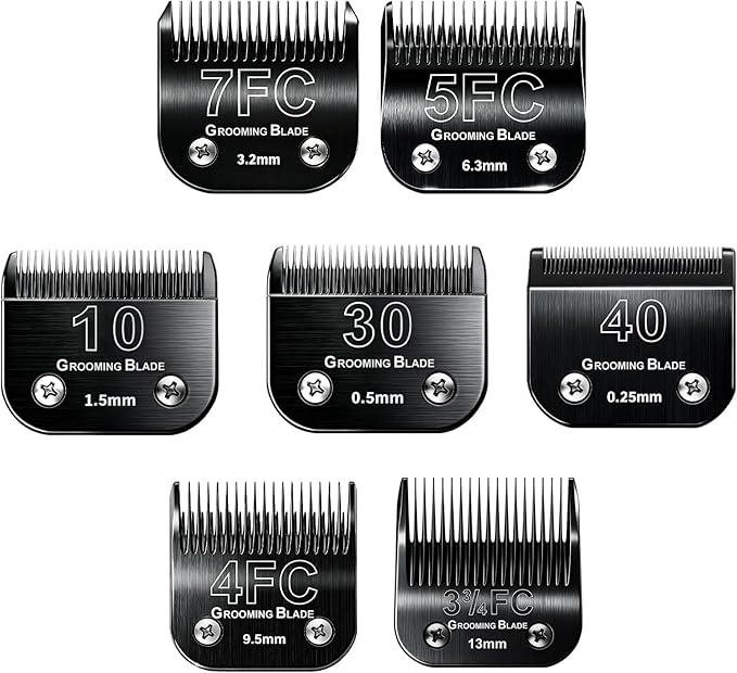 Size 10+30+40+7FC+5FC+4F+3-3/4FC Detachable Dog Grooming Blades, Compatible with Andis, Oster A5, Wahl KM10 Series Clippers, Cut Length 0.25mm-13mm, Black