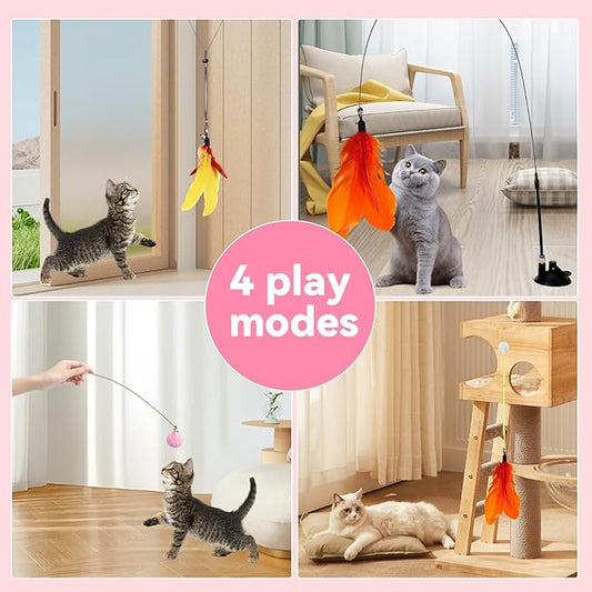 Blrmba Interactive Cat Toys: 4 Ways to Play Indoor Kitten Wand with Suction Cup, Removable 12Pcs Replacements (Feathers, Mice, Butterflies, Caterpillars, Flies, Fur Balls) – Detachable Design
