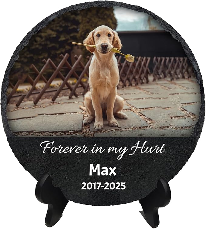 Personalized Pet Memorial Stone with Photo Display, Round Slate Plaque with Stand, Custom Pet Remembrance Gift，4"/6"/8"