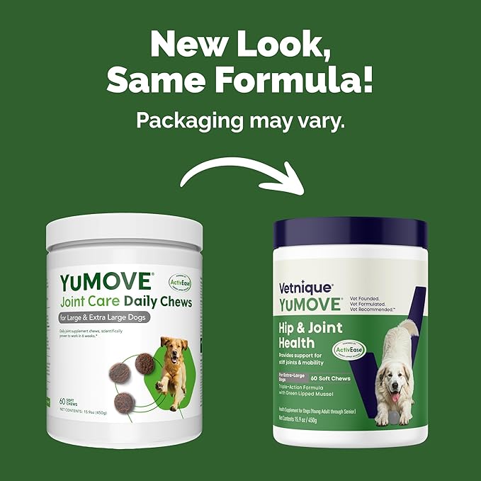 Yumove Hip & Joint Supplement for Dogs - with Glucosamine Chondroiton, Green Lipped Mussel, Hyaluronic Acid, and Omega 3 Joint Supplement for Stiffness and Mobility - 60 Chews (Large/XL Dogs)