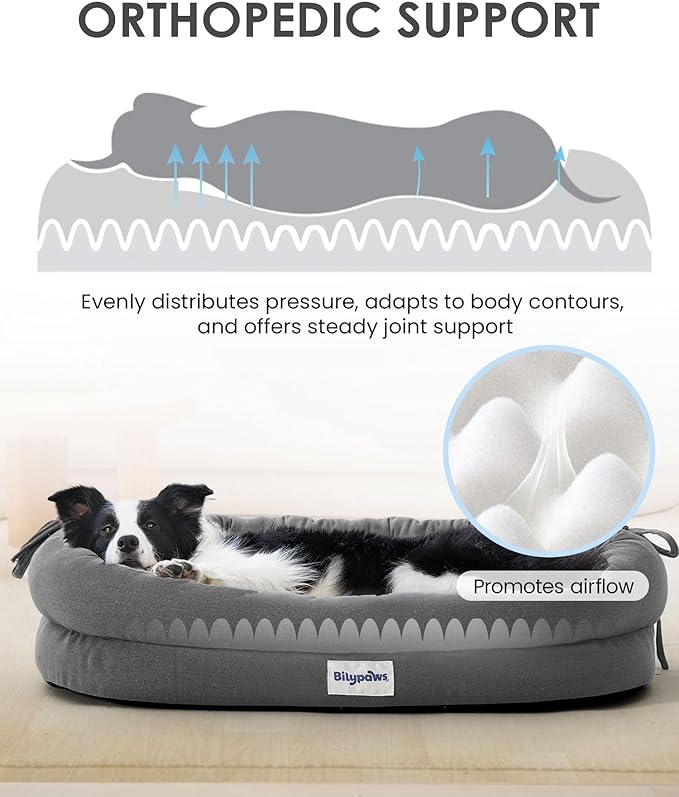Orthopedic Dog Bed for Large Dogs, Pet Sofa Bed with Egg Crate Foam, 4-Sided Bolster, Removable Washable Cover & Anti-Slip Bottom, Large Smoked Gray