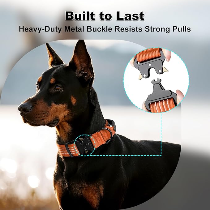 Plutus Pet Tactical Dog Collar with Tracker Pocket for AirTag, Adjustable Reflective Nylon Collar, Metal Buckle, Leather-Wrapped Handle, Soft Padded for Medium Large Dogs (Orange, L)