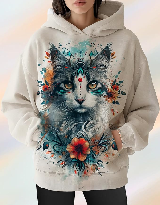 Womens Cat Print Hoodies Trendy Funny Cat Graphic Long Sleeve Sweatshirt Y2k Streetwear Hooded Pullover Tops