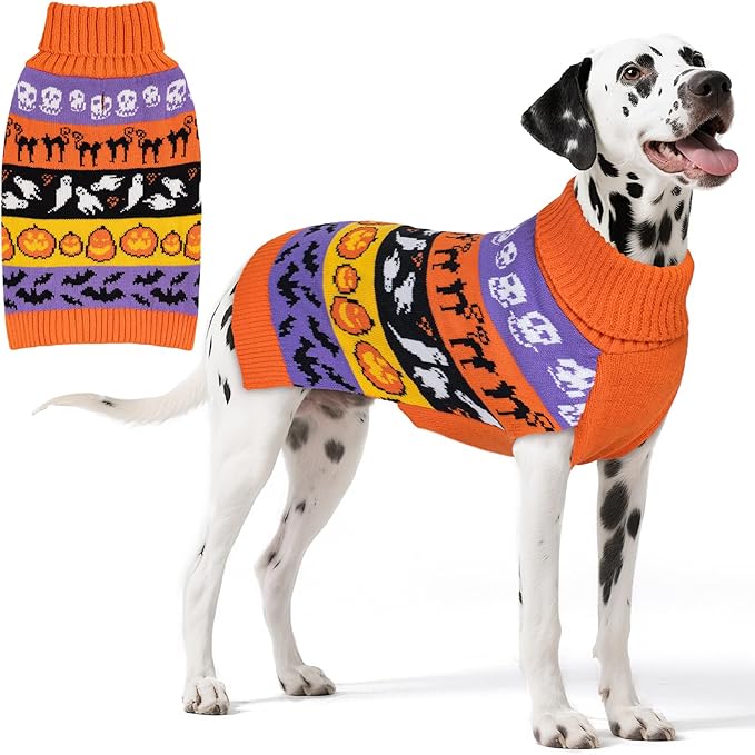 KYEESE Halloween Dog Sweater for Large Dogs Festive Pumpkin and Ghost Pattern Thick Knitted Turtleneck with Leash Hole Warm and Comfortable Dog Clothes Cozy Halloween Warm Pet Outfit, XXX-Large