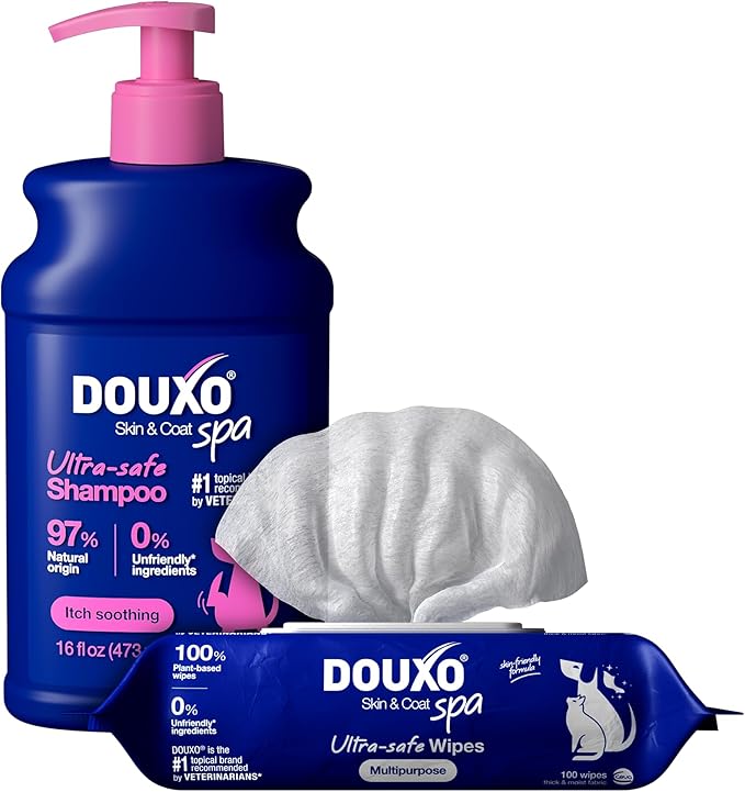 DOUXO® Skin & Coat SPA – Ultra-Safe Combo for Dogs, Sensitive Skin Soothing Shampoo (16 fl oz, Cleanses & Soothes) + Multipurpose Wipes (100 Count, Refreshes Coat)