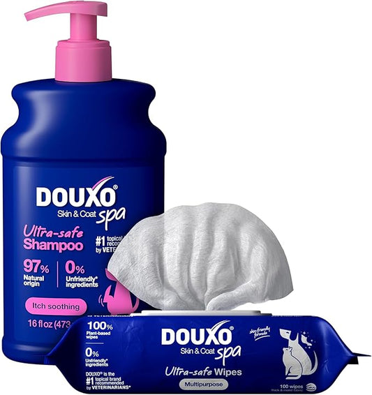 DOUXO® Skin & Coat SPA – Ultra-Safe Combo for Dogs, Sensitive Skin Soothing Shampoo (16 fl oz, Cleanses & Soothes) + Multipurpose Wipes (100 Count, Refreshes Coat)