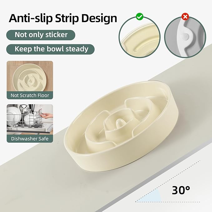 Ceramic 1.2 Cup Slow Feeder Dog Bowl for Medium and Small Breed, 7.3inch Puzzle Dog Food Dish, Anti-Gulping, Stop Bloat, Preventing Choking (Single Bowl-Beige)