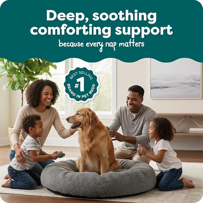 FurHaven 45" Calming Donut Dog Bed for Large Dogs, Round Plush Donut Design with Soft Filling for Snuggling Comfort, Removable Washable Cover, Jumbo/XL, Shaggy Faux Fur, Gray