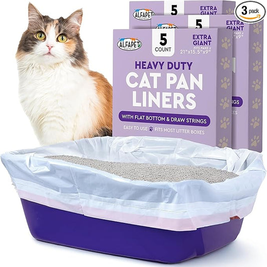 Cat Litter Box Liners Alfapet Heavy Duty Flat Bottom- Extra Giant 15 Count - Tear-Resistant Cat Litter Bags - Kitty Litter Liners for Rectangular Litterbox Pans, 36” x 18” x 2MIL Thick 30 lb Capacity