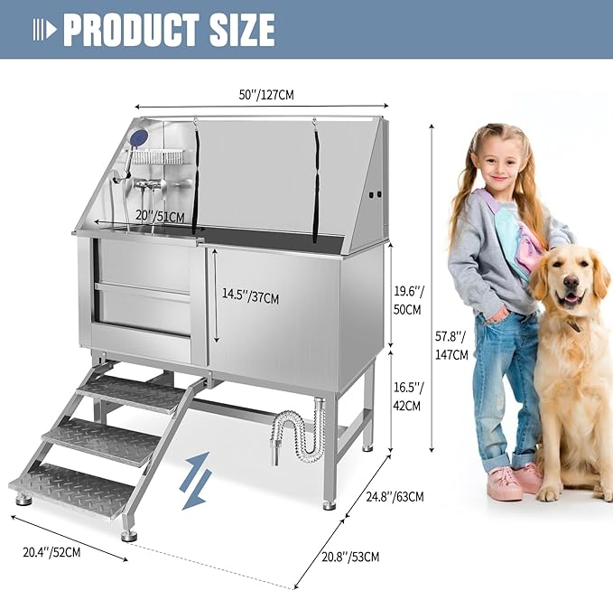 Stainless Steel Dog Washing Station For Large Dogs, Dog Grooming Tub For Home, Professional Dog Bathtub Bathing Station, Pet Wash Station, Dog Shower Tub With Stairs, Drain & Door
