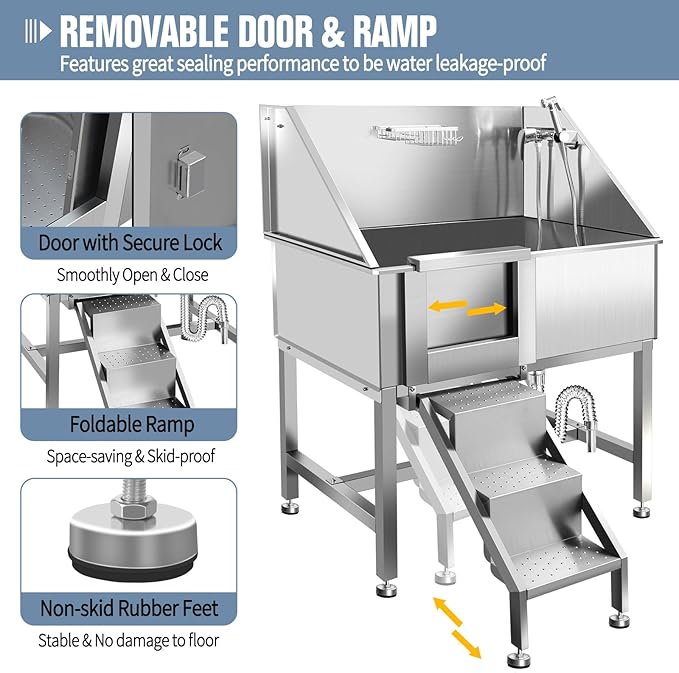 38" Dog Washing Station, Professional Stainless Steel Dog Bathing Station, Equipped with Anti-Slip Ramp, Removable Door, Upgraded Spray Nozzle&Hose - Ideal for Home, Pet Grooming Salon,L-RAMP