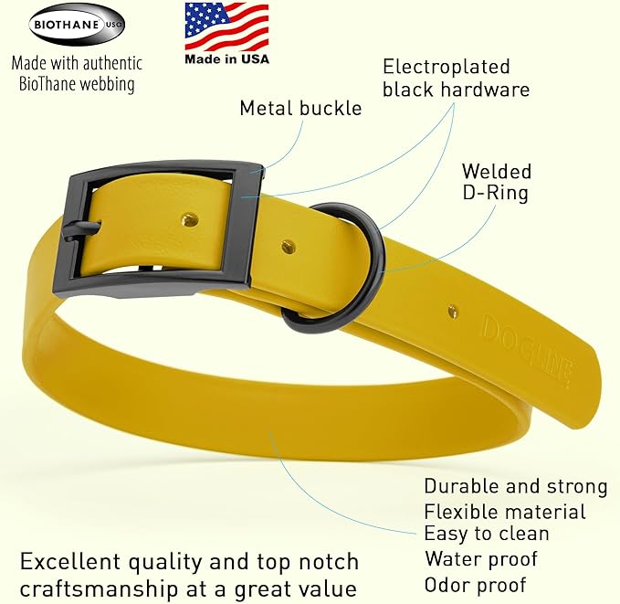 Dogline Biothane Coated Webbing Dog Collar with Black Metal Hardware: Durable Easy-Clean Everyday Collar for Dogs - Comfortable Adjustable Odor-Resistant Pet Collar, W1 x L18-22, Treasure Gold