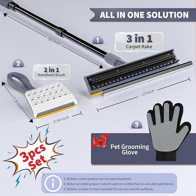 Carpet Rake for Pet Hair Removal - 3 in 1 Reusable Pet Hair Remover Tool with 58" Adjustable Long Handle,Dog & Cat Carpet Scraper,Pet Hair Remover for Rugs,Mats,Couch,Curtains(Gray)