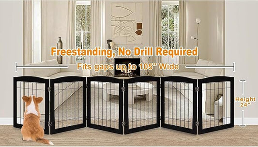 LZRS 6-Panel Extra Wide Wooden Freestanding Dog Gate: Foldable Solid Wood and Steel Wire Chew Resistant Safety Barrier for Doorways, Stairs, and Open Long Spaces Indoor Use,Dark Black