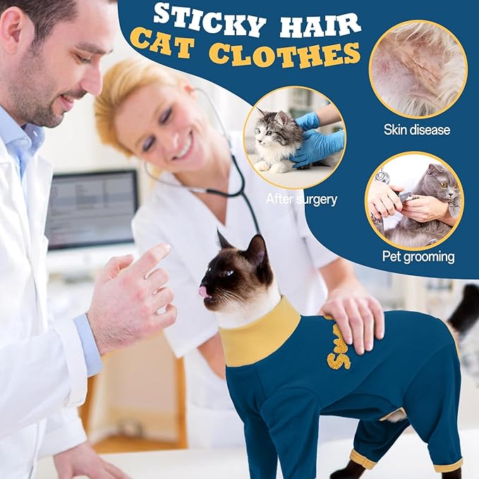 T'CHAQUE Sticky Hair Cat Onesie Pajamas, Soft Long Sleeve Cat Clothes, Anti-Shedding, Surgery Recovery Suit, Wound Protection & Preventing Licking, Kitten Sweaters for Male & Female-XS