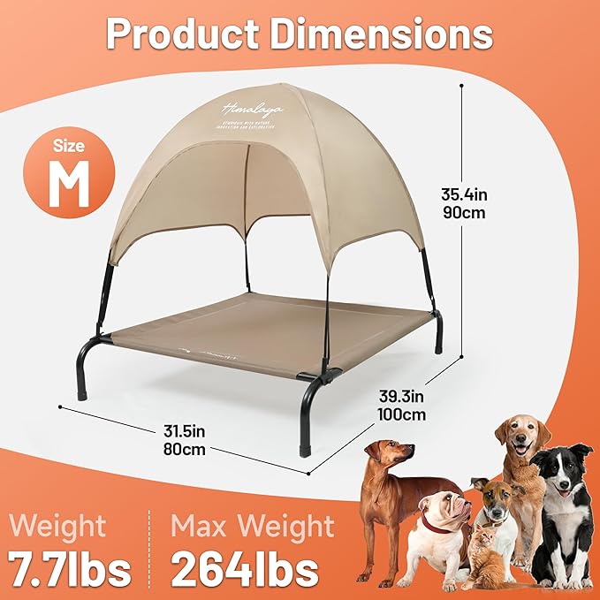 Himalaya Elevated Dog Bed, Large Bed with Canopy Removable Shade Tent, Stable Anti-Slip Feet for Pets Camping Indoor Outdoor Brown (Brown-Middle)