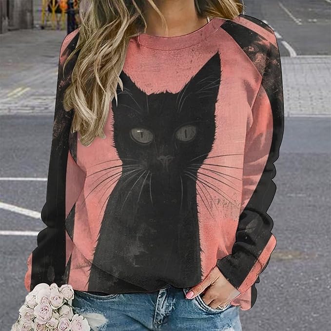 Biacolum Long Sleeve Shirts for Women Mid Century Retro Style Atomic Cat 3D Graphic Sweatshirts Fall Crewneck Pullover Top