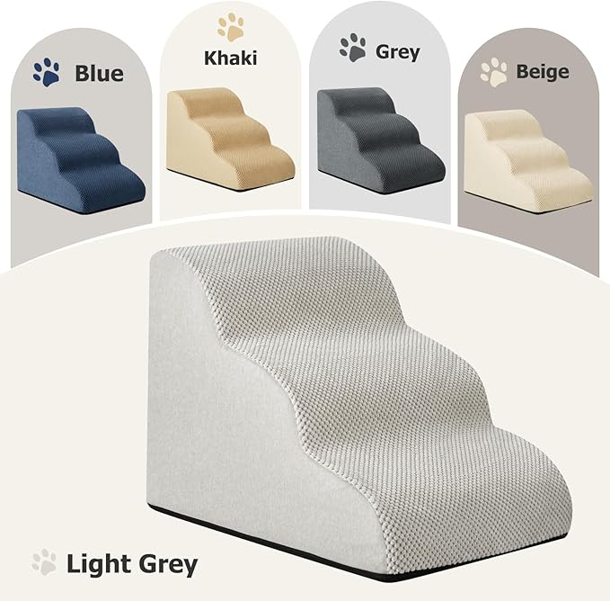 Dog Ramp and Stairs for Small Dogs & Cats,3-Step Pet Stairs for Couch Sofa and Chair,Indoor Anti-Slip Dog Stairs for Old Cats and Puppy,Light Grey