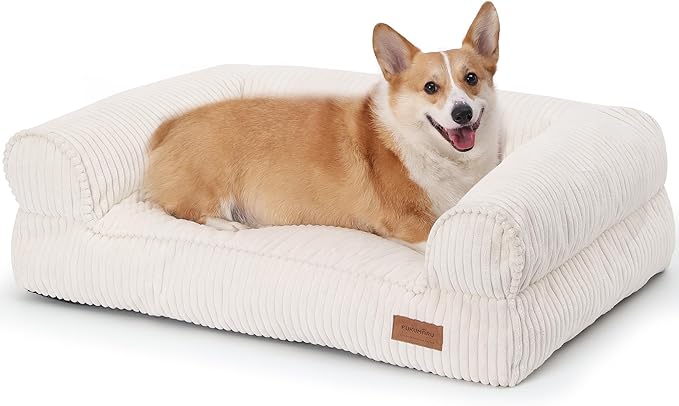 FUKUMARU Cute Dog Bed, Waterproof Corduroy Dogs Couch, 36in Orthopedic Pet Sofa for Medium to Large Dogs Dog, Warm Cotton Pet Bed with Washable Cover, Large, Cream