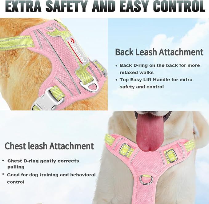 BARKBAY No Pull Dog Harness Large Reflective Dog Harness with Front Clip and Easy Control Handle for Walking Training Running with ID tag Pocket(Baby Pink & Sunlight,XS)