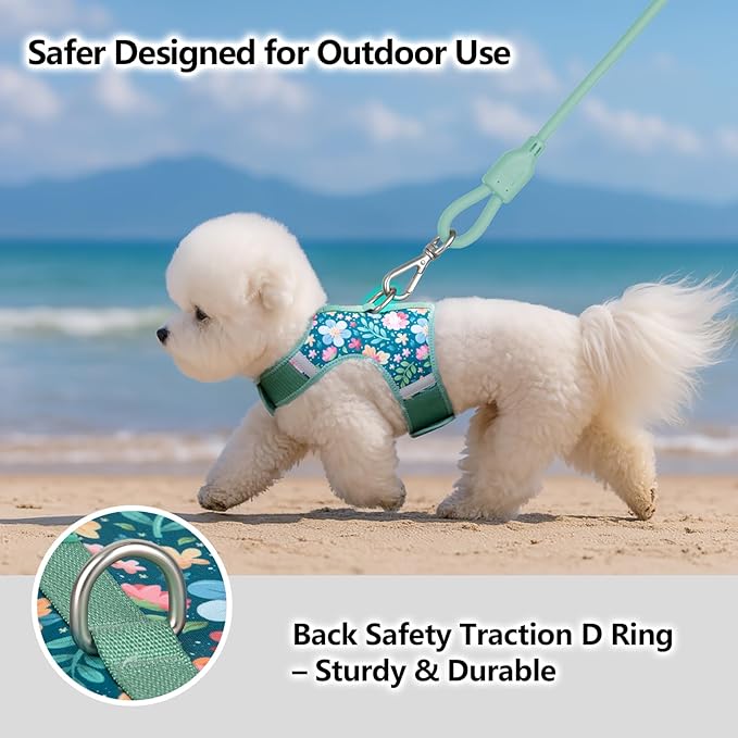 Dog Harness for Small Sized Dog,Hook-and-Loop Easy On/Off, Reflective Adjustable Soft Mesh Vest for Puppy (Green Floral Print,XXS)