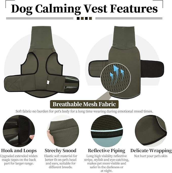 ROZKITCH Dog Anxiety Calming Hoodie, Jacket for Fireworks & Travel, Breathable Dog Shirt with Noise Block & Ear Protection Design ArmyGreen XL