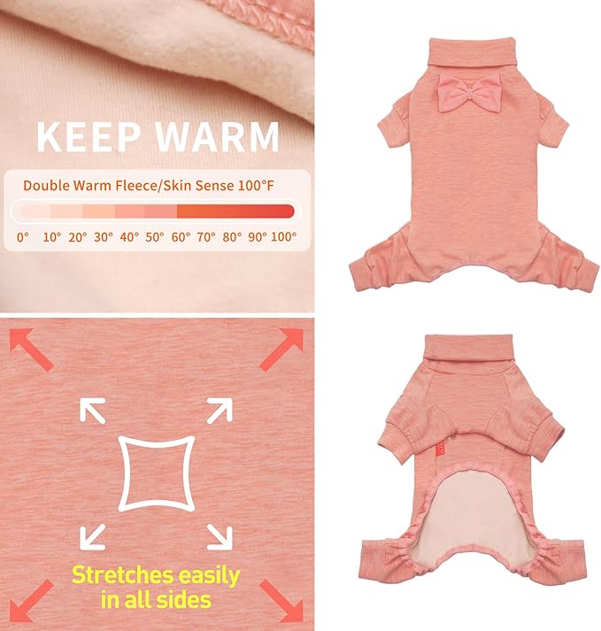 KYEESE Dog Coats Turtleneck Stretchy Pet Sweater Super Soft Warm Material Dogs Pajamas with Bowtie Dog Onesie for Small Dogs Cold Weather Coat, Pink,M