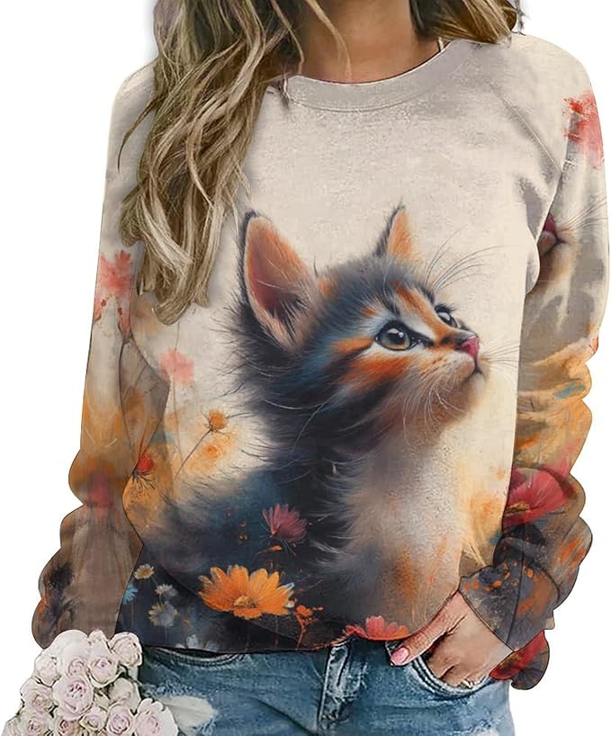 Womens novelty funny cat printed crewneck sweatshirt casual loose long sleeve graphic pullover sweatshirts tops