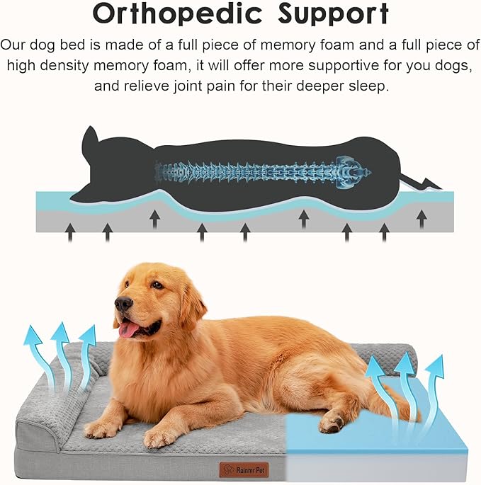 Orthopedic Dog Beds Large Sized Dog, 44x32x6 Inches Memory Foam Pet Bed for Large Dogs, Washable Removable Cover, Nonskid Bottom, Waterproof, Light Grey